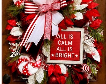 Red and White Christmas Wreath with Peppermint Accents and Pine Greenery