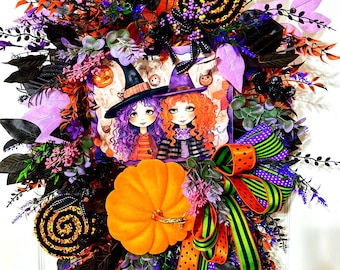 Handmade Halloween Witch Wreath, Purple Orange Gothic Door Decor