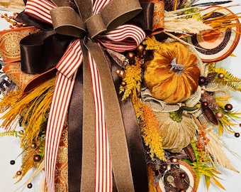 Luxury Fall Wreath with Velvet Pumpkins, Burnt Orange Autumn Door Decor