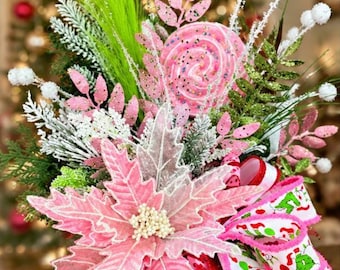 Pinkmas Grinchmas Christmas Centerpiece, Candyland Holiday Table Decor, Pink Green Whimsical Christmas Arrangement