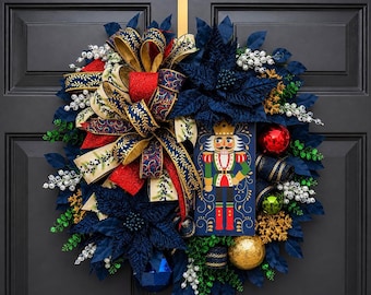 Nutcracker Christmas Wreath with Navy Blue Gold and Red Holiday Decor