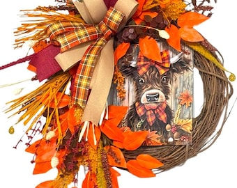Autumn Highland Cow Wreath: Farmhouse Fall Door Decor, Rustic Decorations