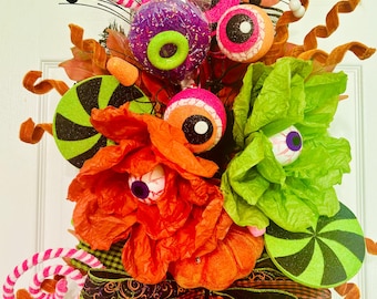 Whimsical Halloween Candy Eyeball Wreath, Colorful Spooky Door Decor