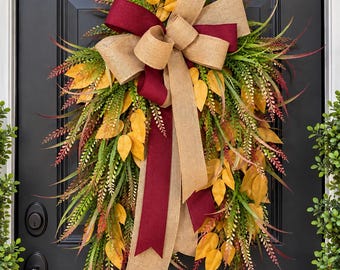 Burgundy Fall Wreath with Burlap Bow, Cascading Autumn Door Decor