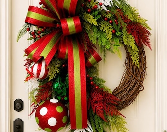 Whimsical Candy Christmas Wreath, Red Green Grapevine Holiday Door Decor