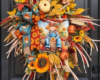 Scarecrow Fall Wreath with Sunflowers and Pumpkins, Autumn Harvest Door Decor