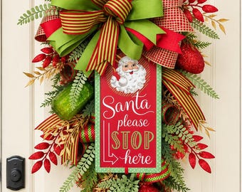 Handcrafted Christmas Door Swag, Santa Stop Here Sign, Red Green Holiday Decor