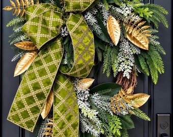 Green and Gold Christmas Wreath, Elegant Winter Door Decor, Grapevine Holiday Wreath