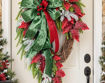 Red Green Grapevine Christmas Wreath, Farmhouse Holiday Door Decor, 31 Inch Tall