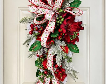 Peppermint Christmas Door Swag, Red Green Holiday Swag, Frosted Pine, Designer Door Decor