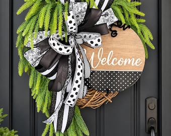 Greenery Wreath with Black and White Bow, Farmhouse Door Decor