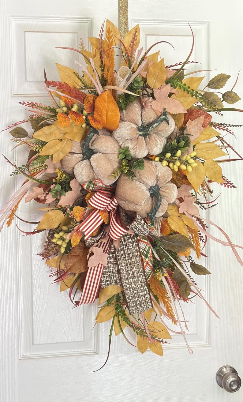 Double Door Fall Pumpkin Swag for Front Door, Cream Velvet Pumpkins