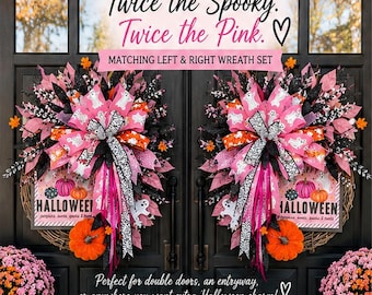 Pink Halloween Wreath with Ghosts and Pumpkins for double doors, Fall Door Decor