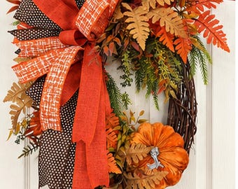 Handcrafted Grapevine Pumpkin Wreath, Autumn Front Door Decor, Thanksgiving Bow