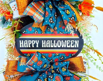 Happy Halloween Wreath: Black Cat, Witch, Pumpkin Ribbon Decor
