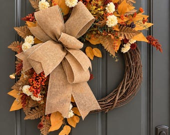 Fall Grapevine Wreath with Burlap Bow, Rustic Autumn Door Decor