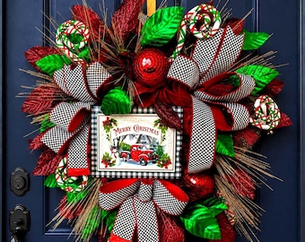 Vintage Red Truck Christmas Wreath with Black and White Check Ribbon