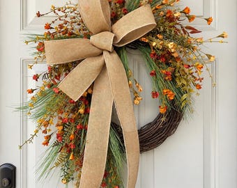 Handcrafted Fall Grapevine Wreath, Rustic Burlap Bow, Autumn Door Decor