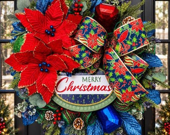 Red Poinsettia Christmas Wreath, Navy Blue Accents, Front Door Decor