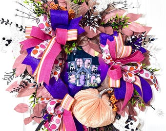 Pink Halloween Wreath, Pastel Ghost Wreath, Whimsical Haunted House Front Door Decor