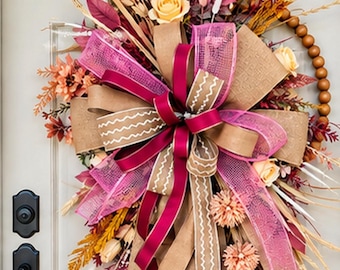 Pink Burlap Floral Door Swag, Rustic Boho Farmhouse Decor (36" Tall)