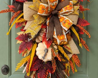 Handcrafted Fall Door Swag, Pumpkin Ribbon & Velvet Pumpkins, Thanksgiving Autumn Door Decor
