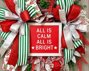 Handmade Red Green Christmas Wreath with All Is Calm Sign, Sparkling Silver Accents