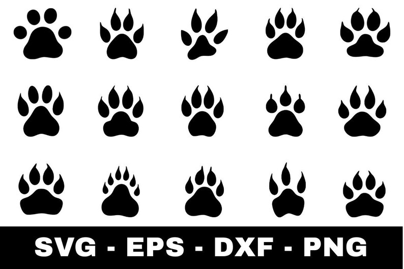 May include: A collection of fifteen black animal paw print silhouettes arranged in three rows of five. Each icon features a central pad and four distinct toes. Below the paw prints, the text SVG - EPS - DXF - PNG is displayed in white.