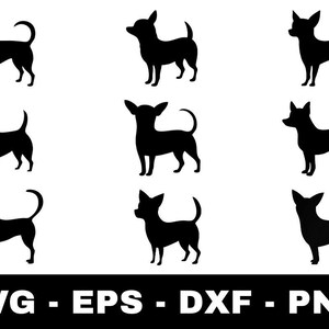 Paquete de siluetas de chihuahua en formato SVG, 9 archivos de imágenes prediseñadas de perros (svg, png, eps, dxf)