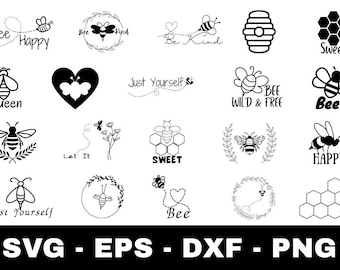 Paquete de archivos SVG de abejas, citas sobre abejas melíferas en formato SVG, 20 diseños de abejas en formato PNG, EPS y DXF, imágenes prediseñadas de abejas lindas y citas divertidas, archivos de corte para Cricut, archivos SVG de apicultura.