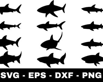 Paquete de archivos SVG de tiburones / 12 archivos de corte de siluetas de tiburones oceánicos para Cricut Silhouette Cameo / Imágenes prediseñadas de tiburón blanco en formato SVG, PNG, EPS y DXF