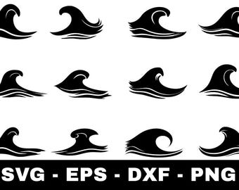 Paquete de archivos SVG de olas / 12 archivos de corte de siluetas de olas oceánicas para Cricut Silhouette Cameo / Imágenes prediseñadas de olas náuticas en formato SVG, PNG, EPS y DXF para zonas costeras.