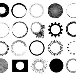 May include: A collection of black and white circular graphic elements. The designs include arrows, brush strokes, gears, stars, and concentric circles. These elements are suitable for various design projects.