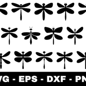May include: Black dragonfly silhouettes in various poses. The image includes multiple dragonfly designs with different wing shapes and body details. The bottom of the image displays the text "SVG - EPS - DXF - PNG".