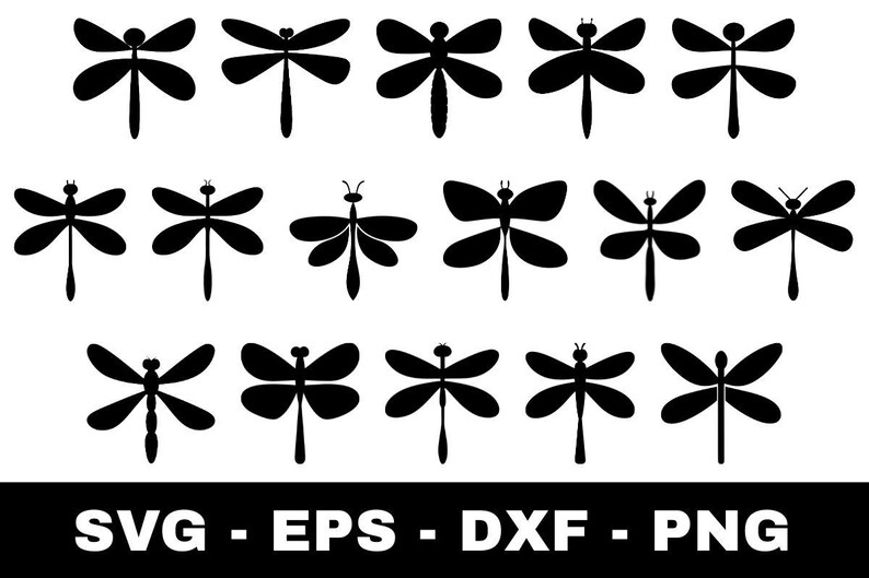 May include: Black dragonfly silhouettes in various poses. The image includes multiple dragonfly designs with different wing shapes and body details. The bottom of the image displays the text "SVG - EPS - DXF - PNG".