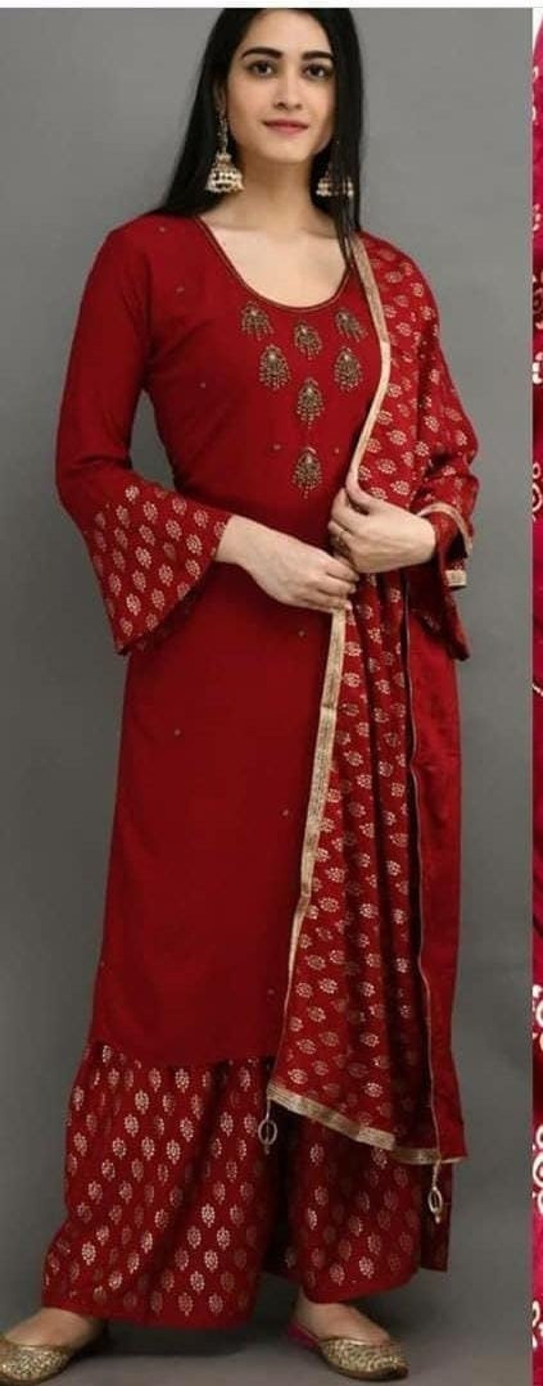 Designer Embroidery Adda Work Rayon Kurti Palazzo and Dupatta Etsy