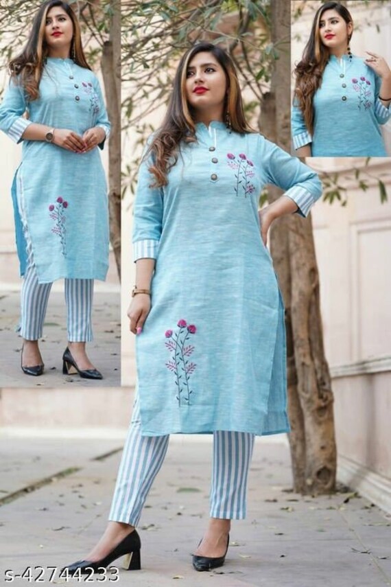 Rani Pink Floral Hand block Printed Cotton Kurti Pant Set – Fabru