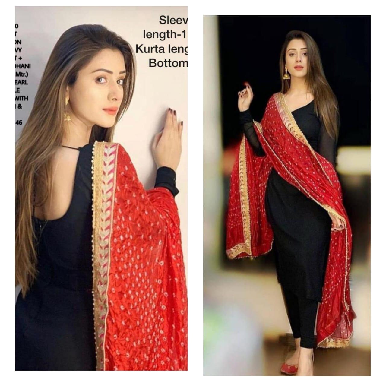black kurti and pant with red dupatta