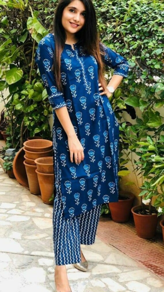 Indigo Printed Rayon Kurti Pant Set for 