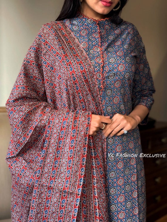 Designer Cotton Ajrakh Printed Kurti Pant and Dupatta Set for - Etsy  Singapore