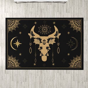 Gothic boho Skull Area Rug - Animal Skull Celestial Golden black Design