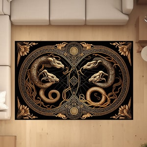 Snakes Yin Yang Celestial Tarot Area Rug - Golden Design on Black Background