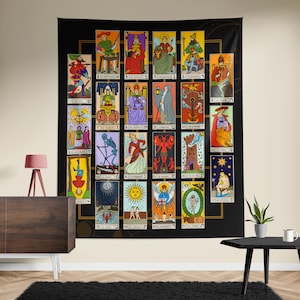 Tarot Wall Tapestry - 22 Major Arcana Set - Vintage Design on Black Background
