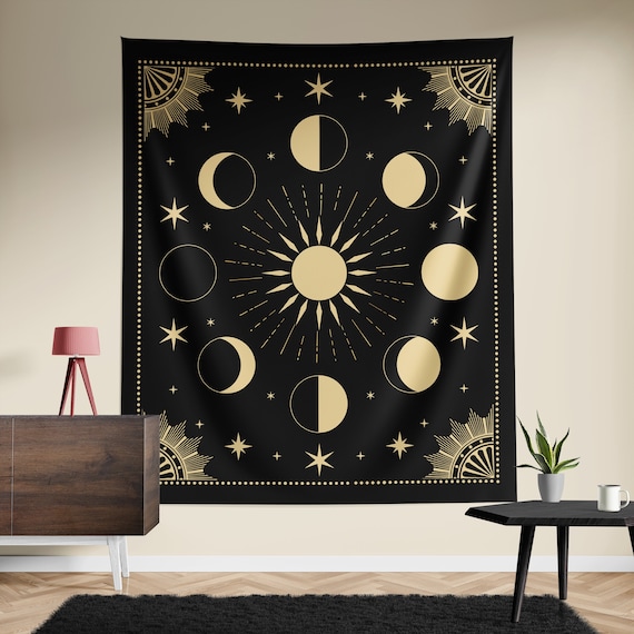 Moon Phase Wall Tapestry Sun Moon Tarot Tapestry Golden Color on Black Background Etsy