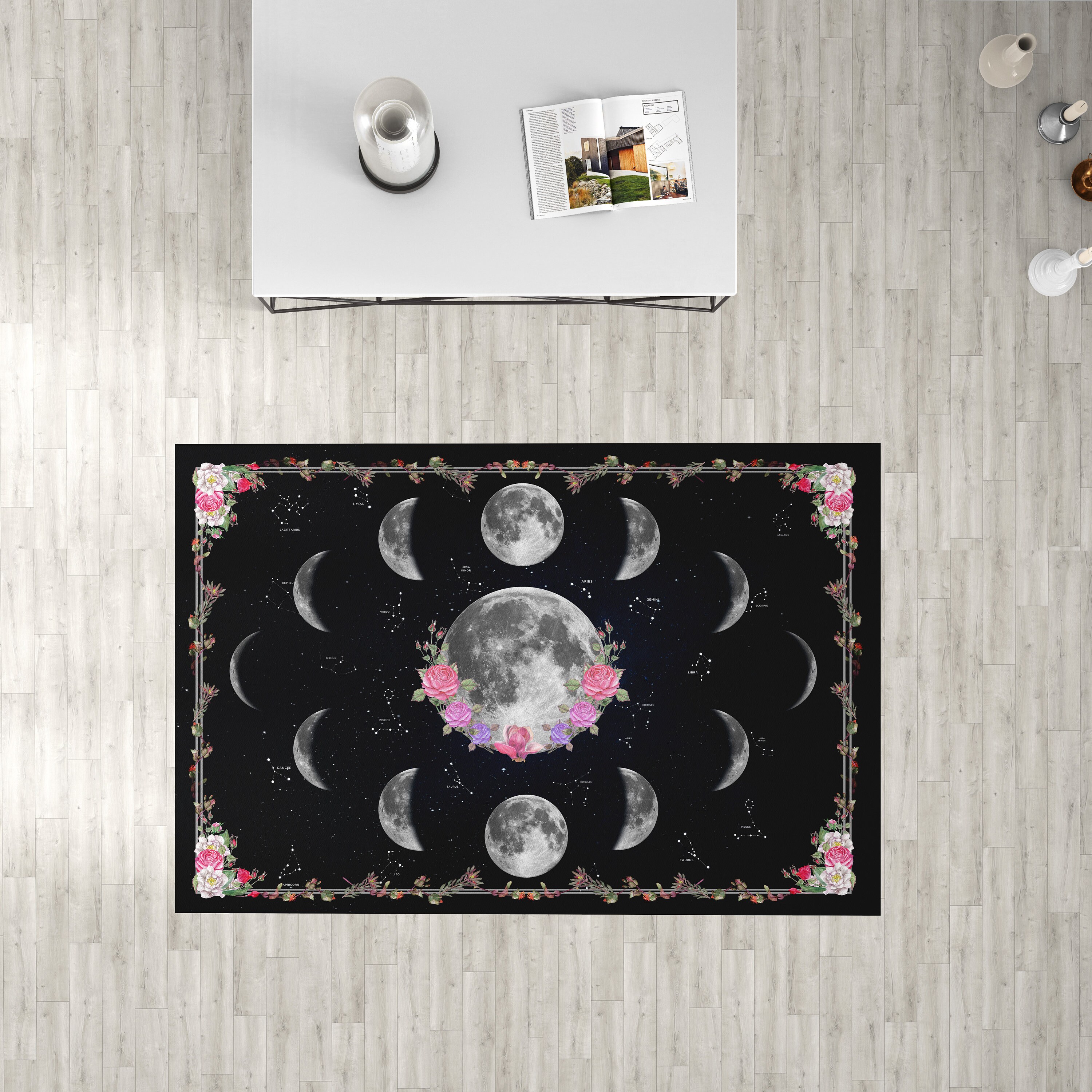 Moon Phase Rug Constellations Boho Area Rug Floral Design Etsy