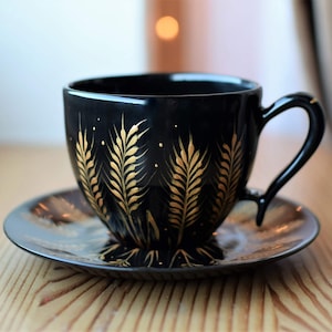 Hand painted mug, mug with saucer, personalized mug, stoneware mug, handmade mug, for coffee, for tea