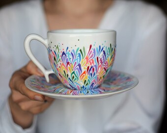 Ceramic cup, hand painted, Housewarming gift, personalized cup, personalized gift, for coffee, for tea, handmade cup, with saucer, colorful