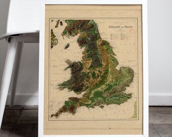 Geological Relief Map of England and Wales - Vintage Home Décor Poster