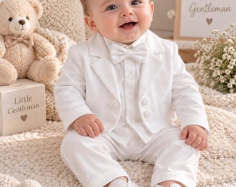 Baby Boy Baptism Outfit, White Christening Suit, Long Sleeve Shirt & Pants