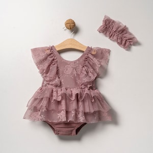 Lilac  lace girl romper , baby girl romper , 1st birthday outfit , smash the cake romper ,baby girl photoshoot outfit